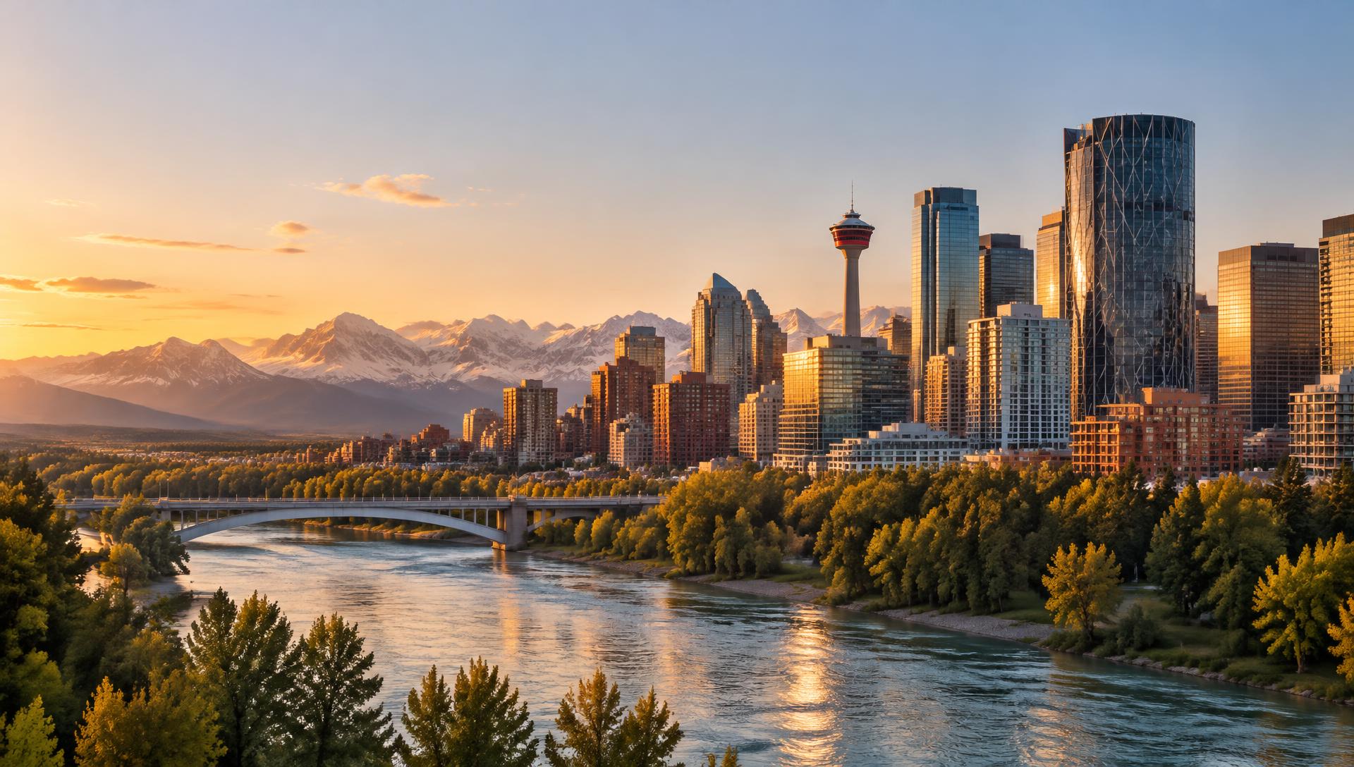 Calgary skyline with the Rocky Mountains at sunset
